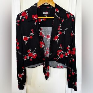 Reformation Black Front Tie Blouse with Red Floral Print